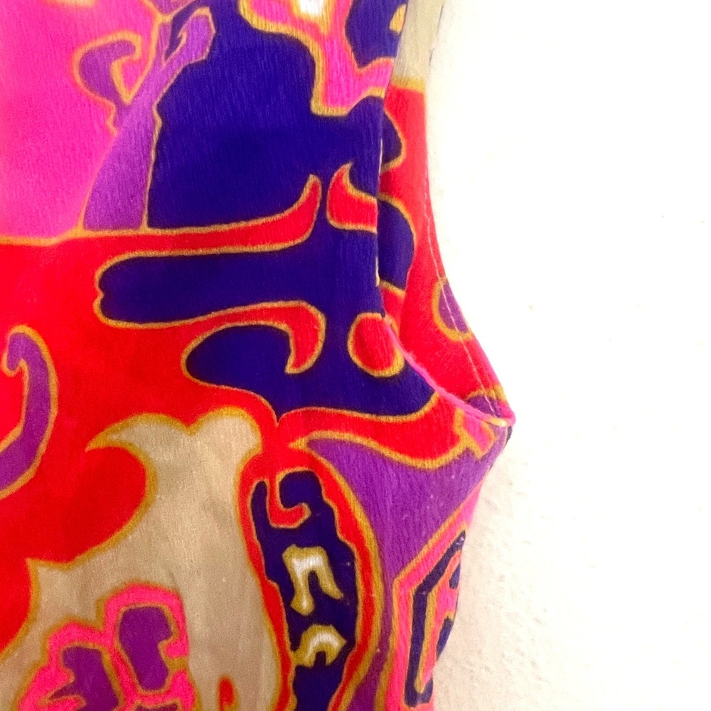 Vintage 60s mini dress Psychedelic Abstract Ruffle Neck Empire Waist Purple Pink - Picture 6 of 13